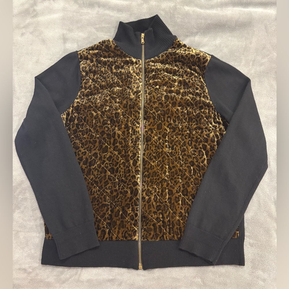 Lauren Ralph Lauren Velvet Leopard and Black Wool Full Zip Sweater
Jacket XL